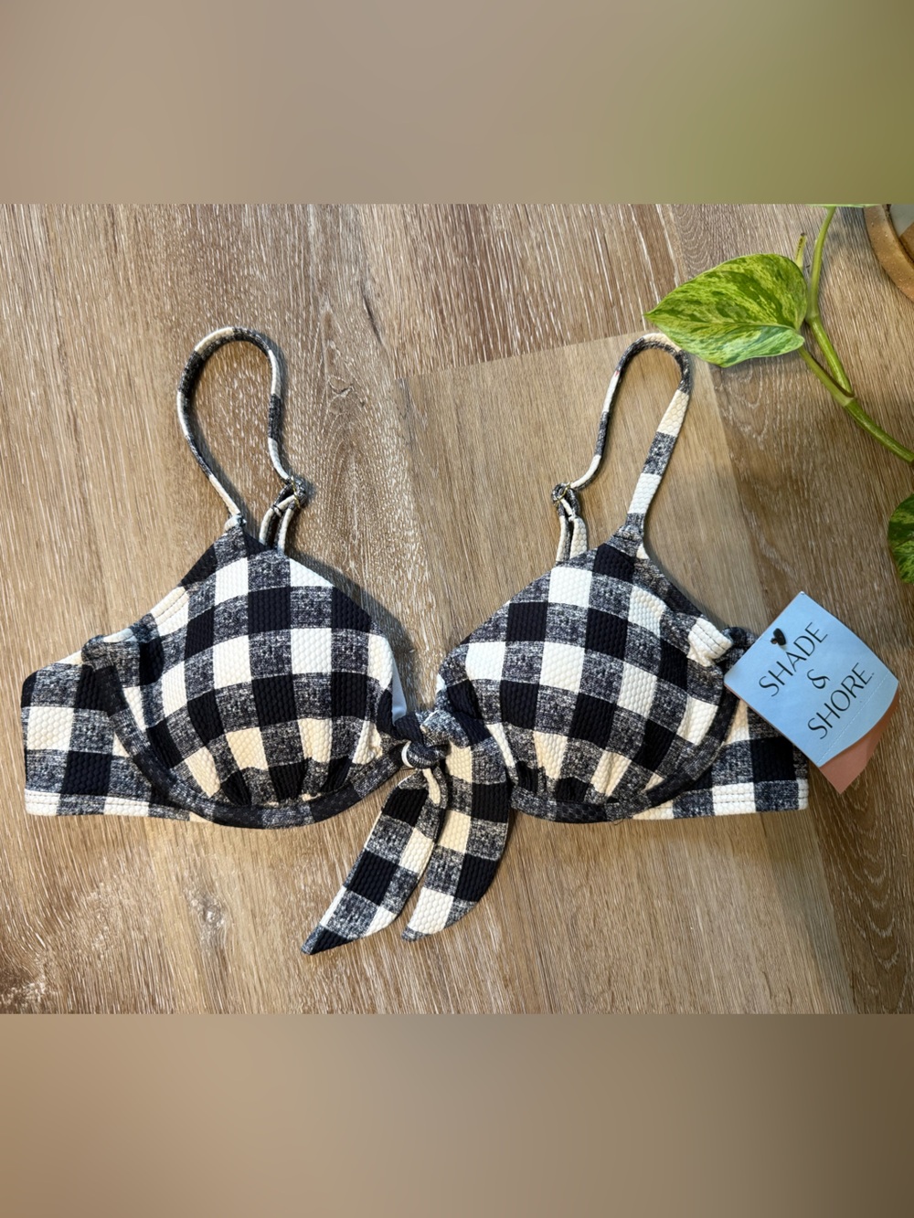 Shade & Shore Target Black and Cream Gingham checkered Bikini Top size 34B NWT